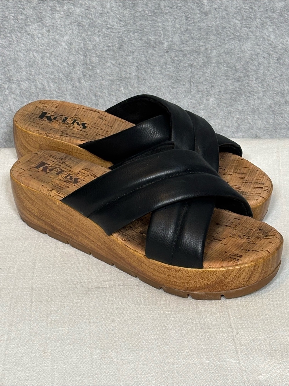 Korks Faithe Criss-Cross Slide Wood Platform Wedge Sandals-Black-Women Size 9
